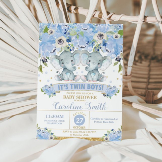 Chic Blue Blommigt Elephant Twillingars Baby Showe Inbjudningar (Skapare uppladdad)
