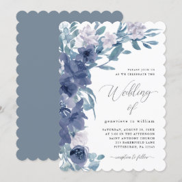 Chic Blue-Blommigt med Calligraphy Bröllop Inbjudningar