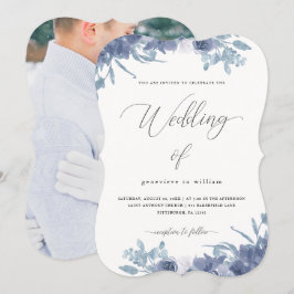 Chic Blue-Blommigt med Calligraphy Photo Bröllop Inbjudningar