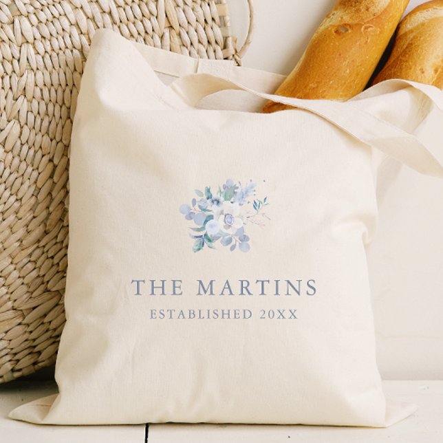 Chic Blue Blommigt Personlig Namn Bröllop Tygkasse (Skapare uppladdad)