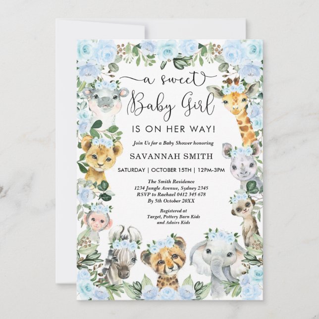 Chic Blue Blommigt Safari Animals Baby Shower Inbjudningar (Framsida)
