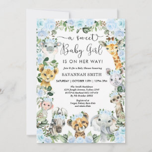 Chic Blue Blommigt Safari Animals Baby Shower Inbjudningar