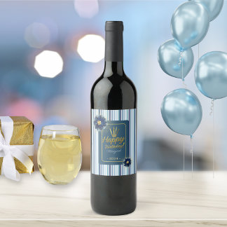 Chic Blue Blommigt White Rand Grattis på födelseda Vinflaska Etikett