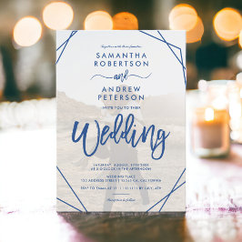 Chic blue boho ram, enkelt fotoskript bröllop inbjudningar