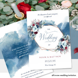 Chic Blue Burgundy Blommigt Watercolor Bröllop Inbjudningar