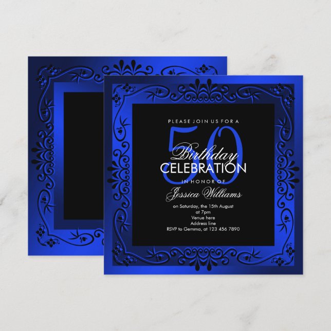 Chic Blue Decorative Framed 50:e födelsedagen Inbjudningar (Fram/baksida)