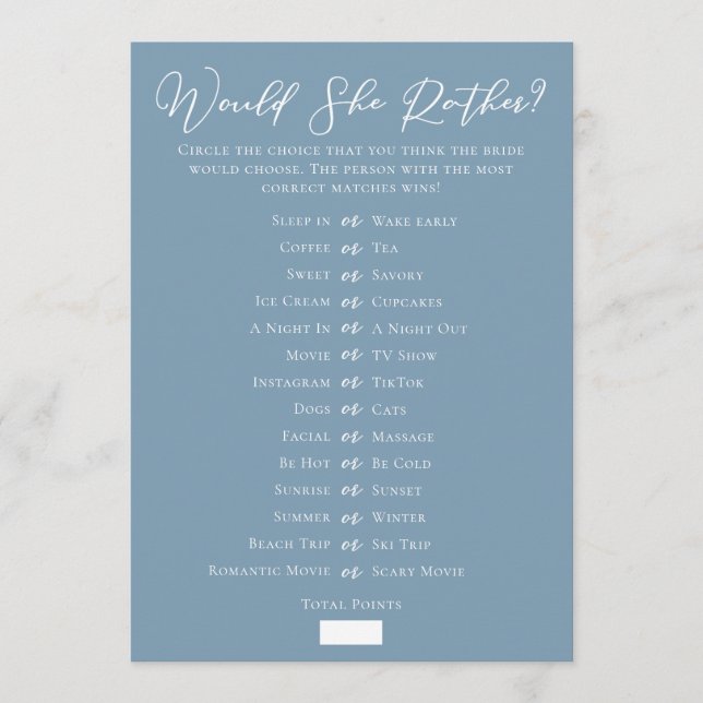 Chic Blue Downloadable Bridal Shower Guess Game Kort (Framsida)