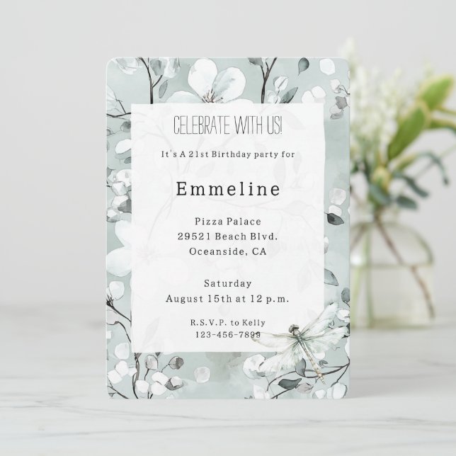 Chic Blue Dragonfly Dream Blommigt Birthday Inbjudningar (Stående Fram)