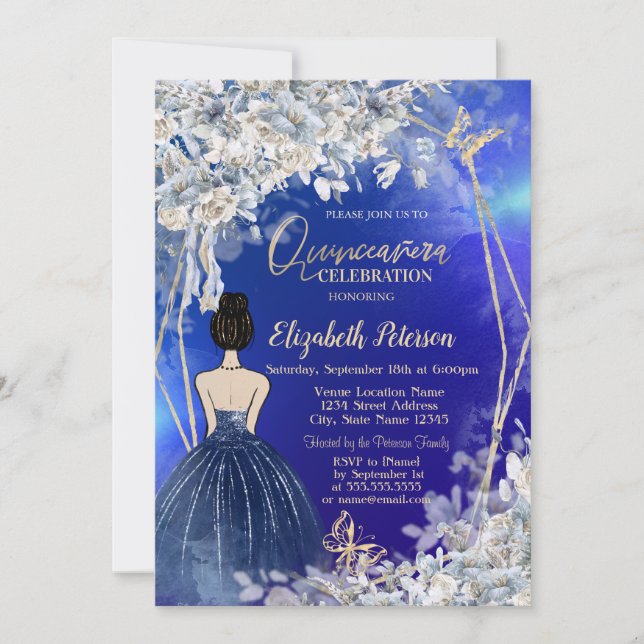 Chic Blue Dress Girl,Blåa blommor Quinceanera Inbjudningar (Framsida)