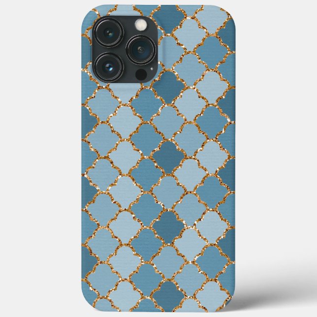 Chic Blue Faux Shiny Guld Glitter Mosaic Mönster (Baksida)