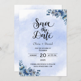 Chic Blue Floral Wedding Save the Date Inbjudningar