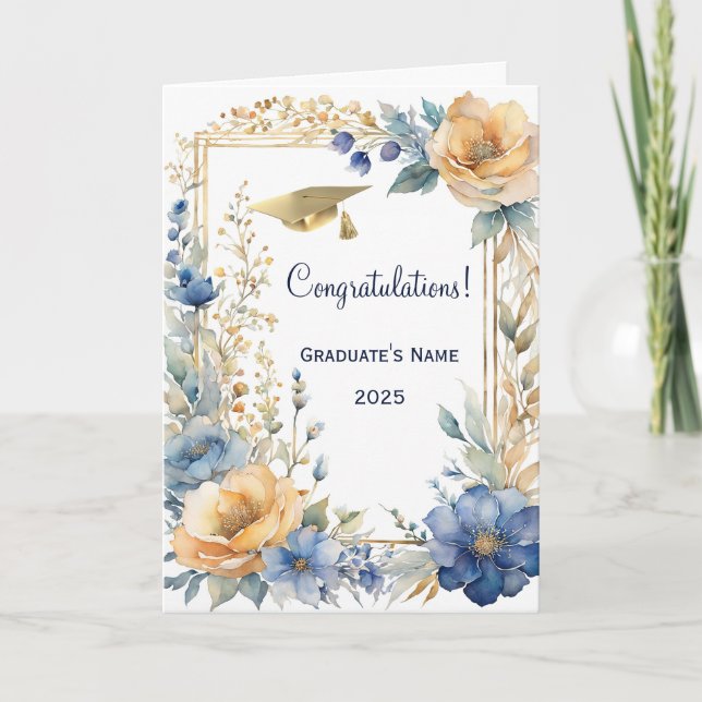Chic Blue Flower Golden Personlig Studenten Kort (Framsida)