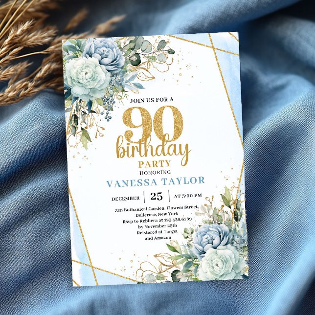 Chic Blue Flowers Gold 90th Birthday Party Invite Inbjudningar (Chic Blue Flowers Gold 90th Birthday Party Invite)