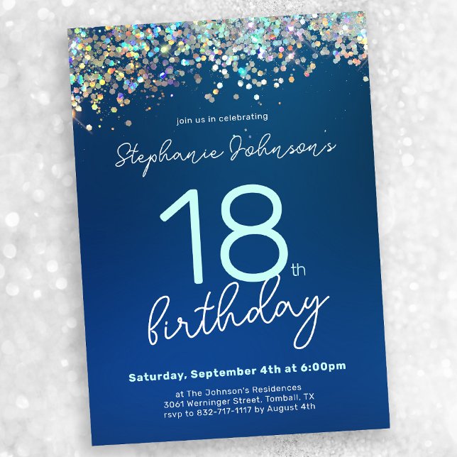 Chic Blue Glitter 18:e Födelsedagsfesten Inbjudningar (Chic Blue Glitter 18th Birthday Party Invitation)