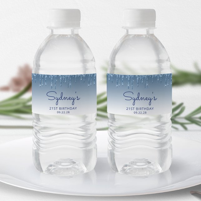 Chic Blue Glitter Drip 21:a födelsedag Party Vattenflaskor Etikett (Skapare uppladdad)