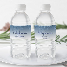 Chic Blue Glitter Drip 50:e Födelsedagsfesten Vattenflaskor Etikett
