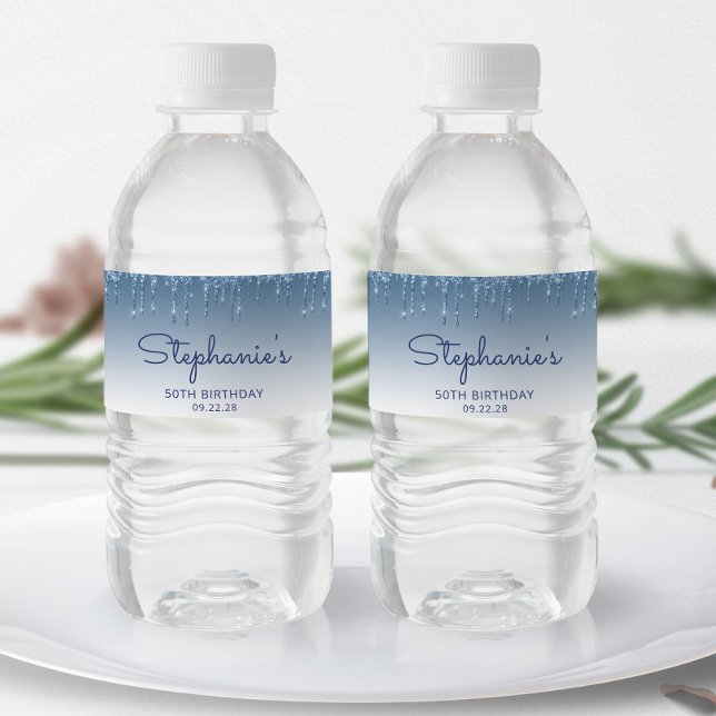 Chic Blue Glitter Drip 50:e Födelsedagsfesten Vattenflaskor Etikett (Skapare uppladdad)