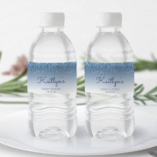 Chic Blue Glitter Drip Sweet 16 Party Vattenflaskor Etikett