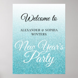 Chic Blue Glitter New Years Party Välkommen Poster