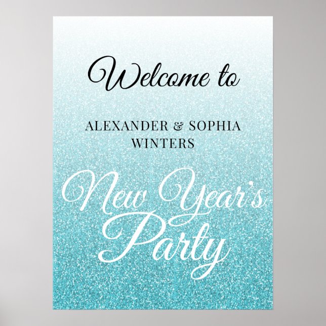 Chic Blue Glitter New Years Party Välkommen Poster (Framsidan)