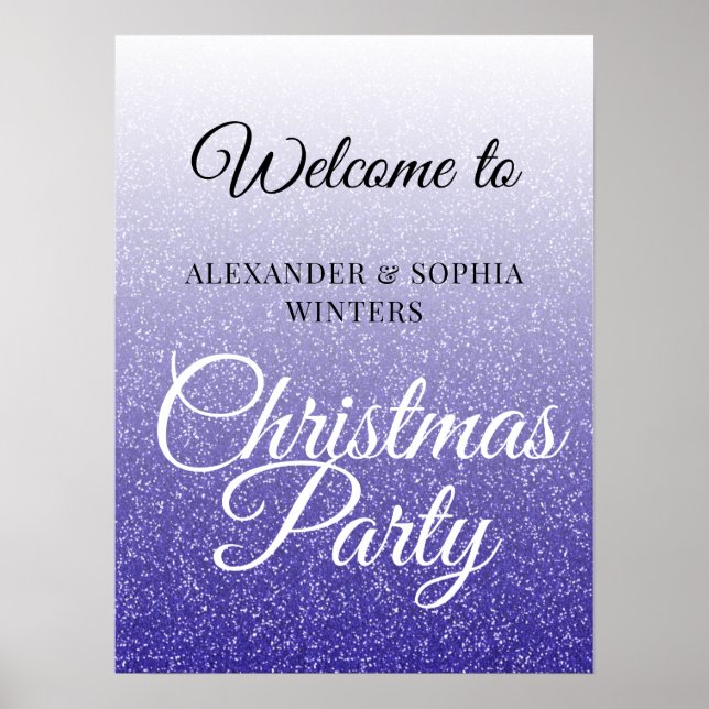 Chic Blue Glitter Ombre jul Party Välkomsthälsning Poster (Framsidan)