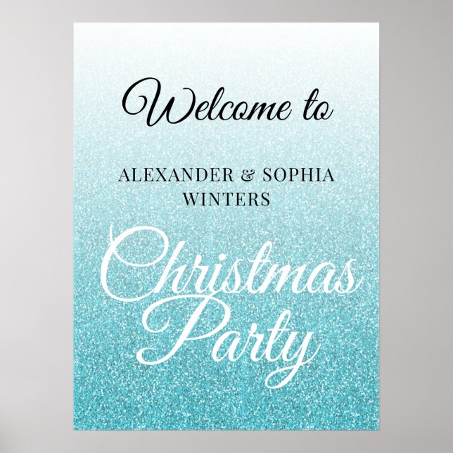 Chic Blue Glitter Ombre jul Party Välkomsthälsning Poster (Framsidan)