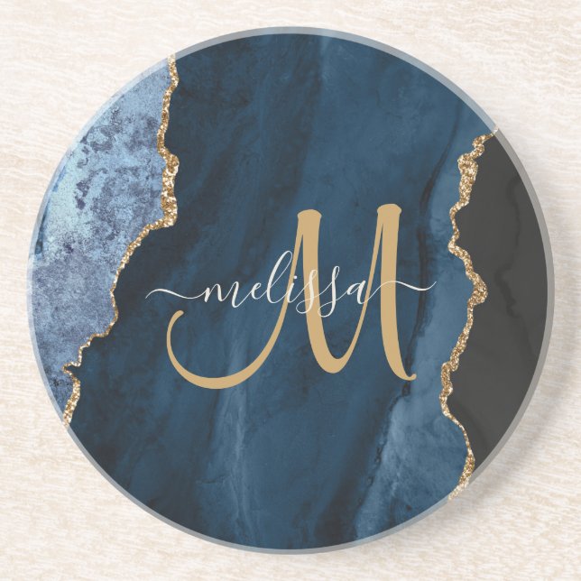 Chic Blue Guld Agate Script Monogram-Anpassningsba Underlägg (Framsidan)