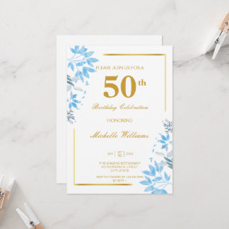 Chic Blue & Guld Blommigt 50:e födelsedagsinbjudan Inbjudningar