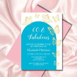 Chic Blue Guld Butterfly Fabulous Birthday Inbjudningar