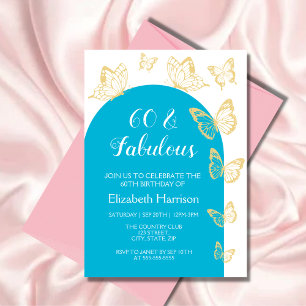 Chic Blue Guld Butterfly Fabulous Birthday Inbjudningar
