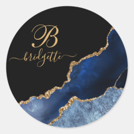 Chic Blue Guld Glitter Agate Geode Monogram Black Runt Klistermärke