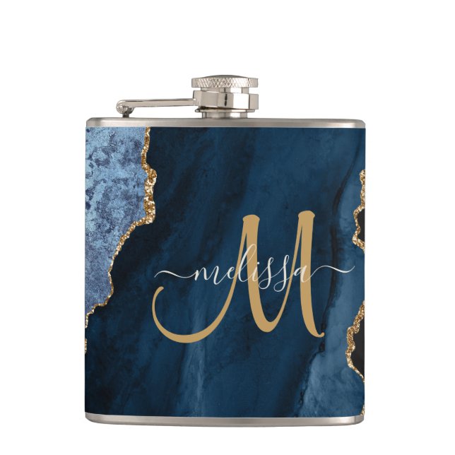 Chic Blue Guld Glitter Agate Monogram Namn Fickplunta (Framsidan)