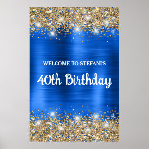 Chic Blue Guld Glittery Foil 40th Birthday Välkomm Poster