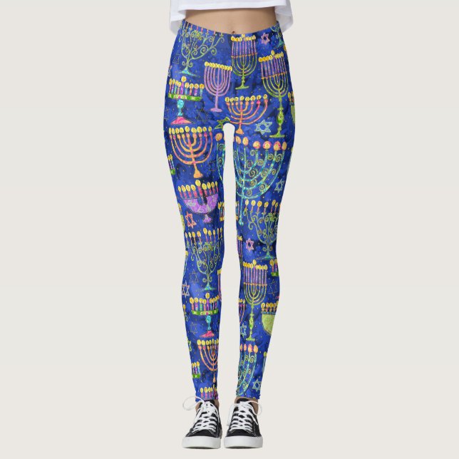 Chic Blue Guld Menorah Star av David Hanukkah Leggings (Framsida)