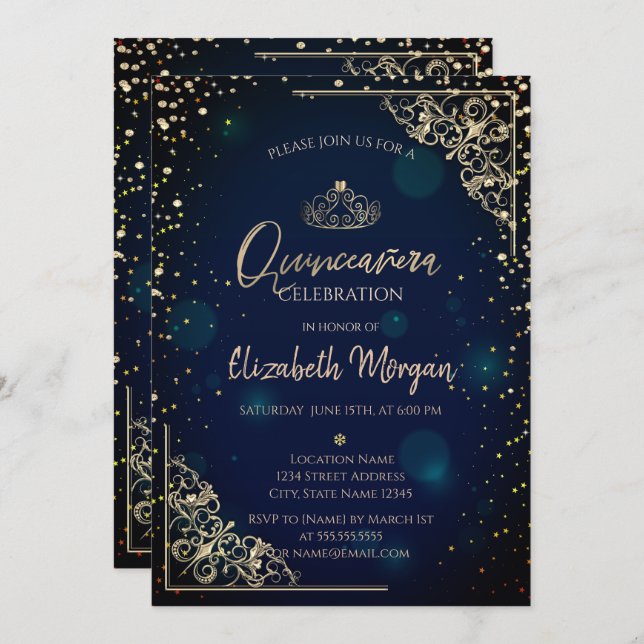 Chic Blue Guld Tiara,Diamonds Quinceañera Inbjudningar (Fram/baksida)