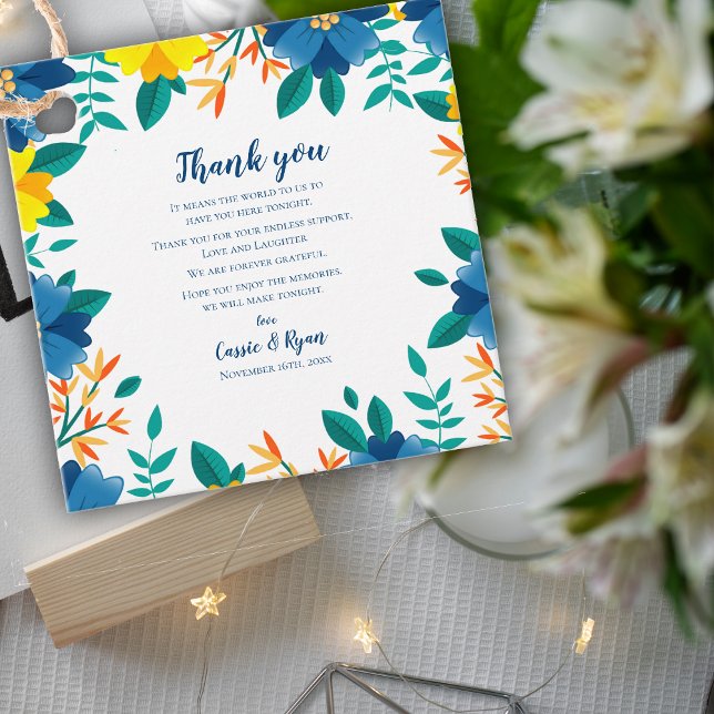 Chic Blue Gult Blommigt Bröllop - tackmeddelande Gåvor Etiketter (Chic Blue Yellow Floral Wedding Thank you Message Favor Tags)