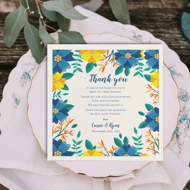 Chic Blue Gult Blommigt Bröllop - tackmeddelande Pappersservett (Chic Blue Yellow Floral Wedding Thank you Message Napkins)