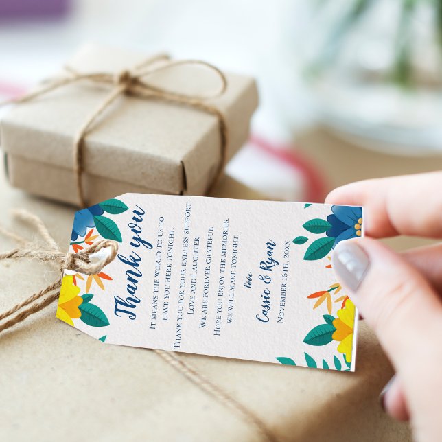 Chic Blue Gult Blommigt Bröllop - tackmeddelande Presentetikett (Chic Blue Yellow Floral Wedding Thank you Message Gift Tags)