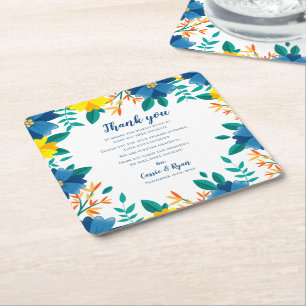 Chic Blue Gult Blommigt Bröllop - tackmeddelande Underlägg Papper Kvadrat