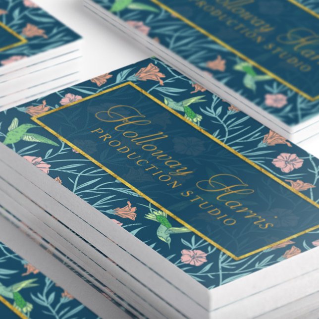 Chic Blue Hummingbird och Flowers Mönster Visitkort (Close-up stacked Chic Blue Hummingbird and Flowers Pattern Business Cards-Front)