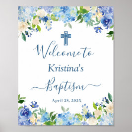 Chic Blue Hydrangea Blommigt Baptism Välkomsttecke Poster