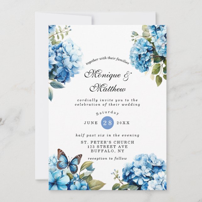 Chic Blue Hydrangea Butterfly Wedding bjudande in Inbjudningar (Framsida)