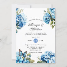 Chic Blue Hydrangea Butterfly Wedding bjudande in