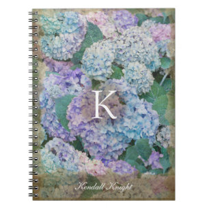 Chic Blue Lavender Hydrangea Blommigt Monogram Nam Anteckningsbok