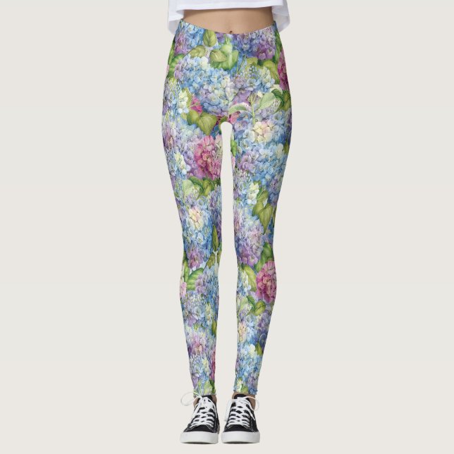 Chic Blue Lavender Hydrangea Blommönster Leggings (Framsida)
