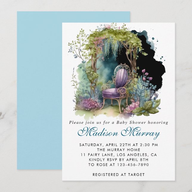 Chic Blue & Lila Blommigt Garden Baby Shower Inbjudningar (Fram/baksida)