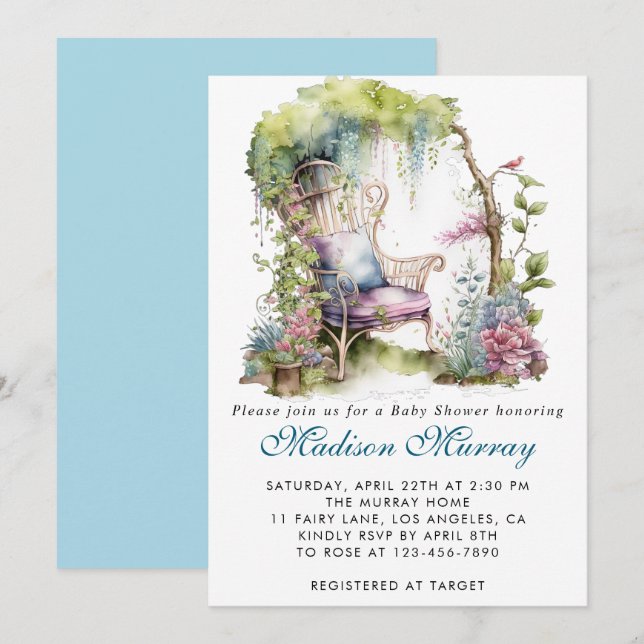 Chic Blue & Lila Blommigt Garden Baby Shower Inbjudningar (Fram/baksida)