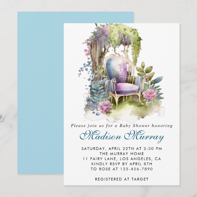 Chic Blue & Lila Blommigt Garden Baby Shower Inbjudningar (Fram/baksida)