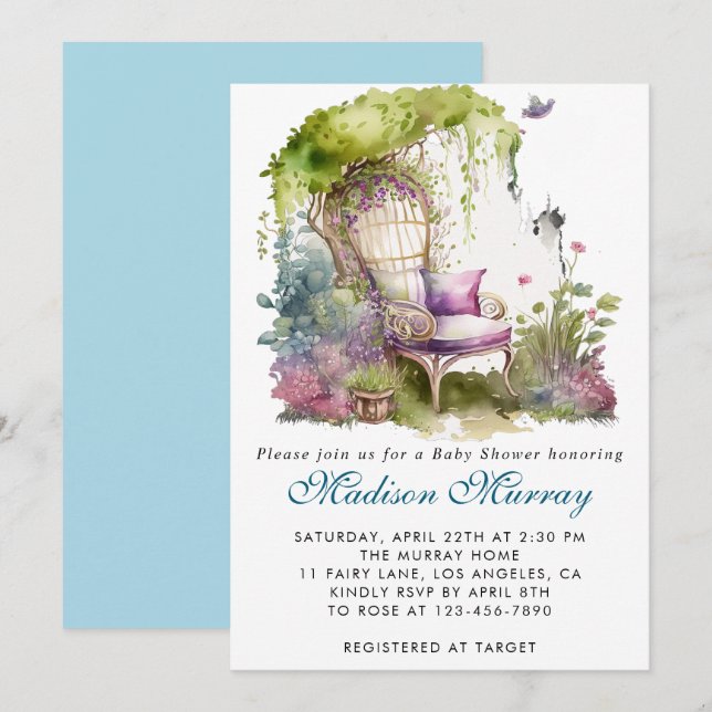Chic Blue & Lila Blommigt Garden Baby Shower Inbjudningar (Fram/baksida)