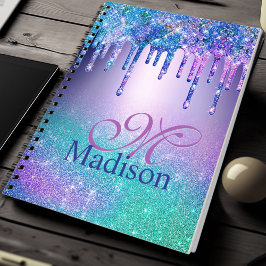 Chic blue lila ombre glitter dricks monogram anteckningsbok